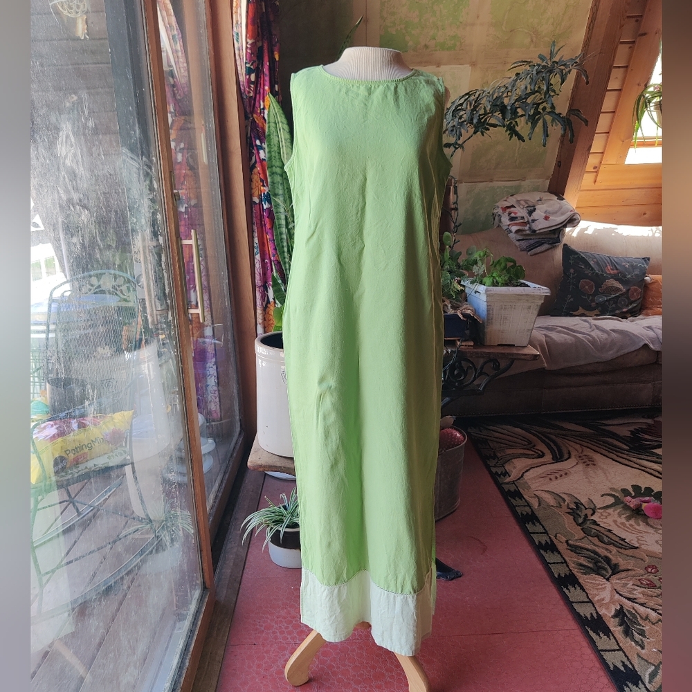 Norton Studio Green Sleeveless Maxi Dress M Linen Blend Comfort Preppy Old Money